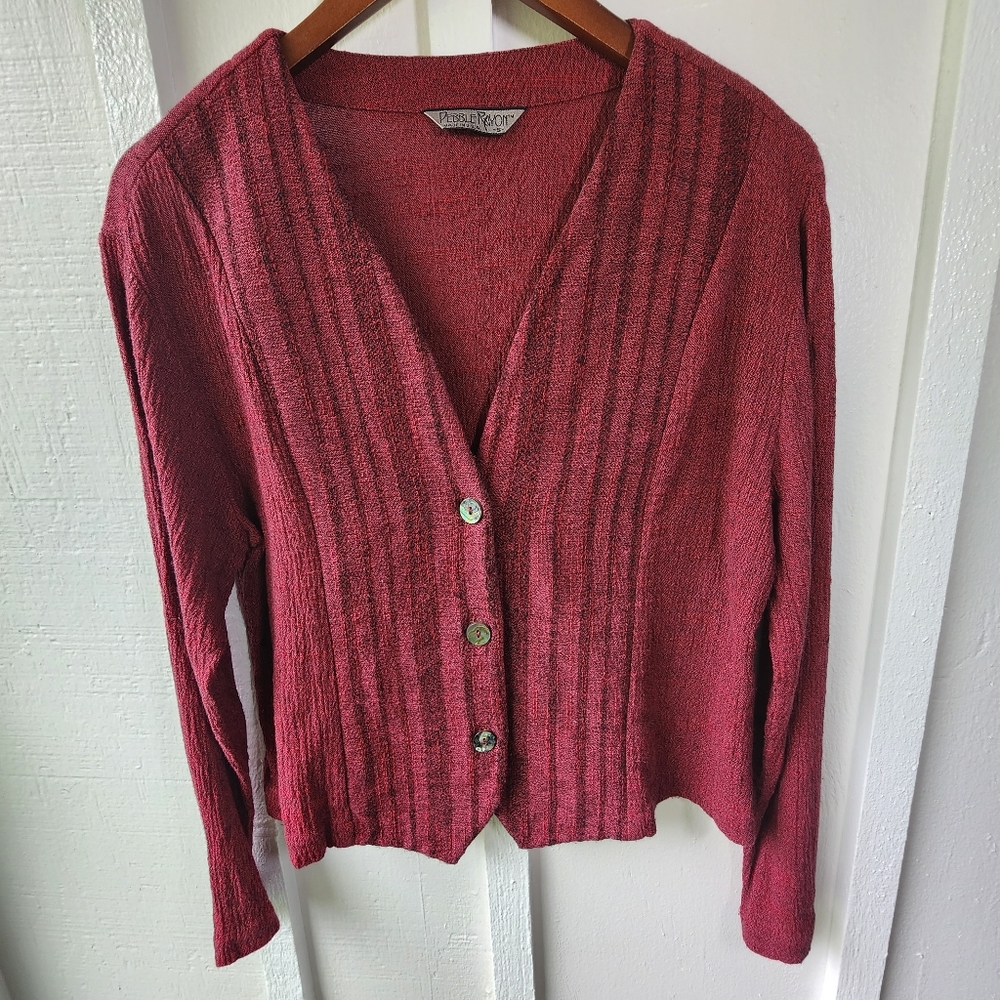 PEBBLE RAYON Long Sleeve Sweater Button Front With Abalone Button Textured S